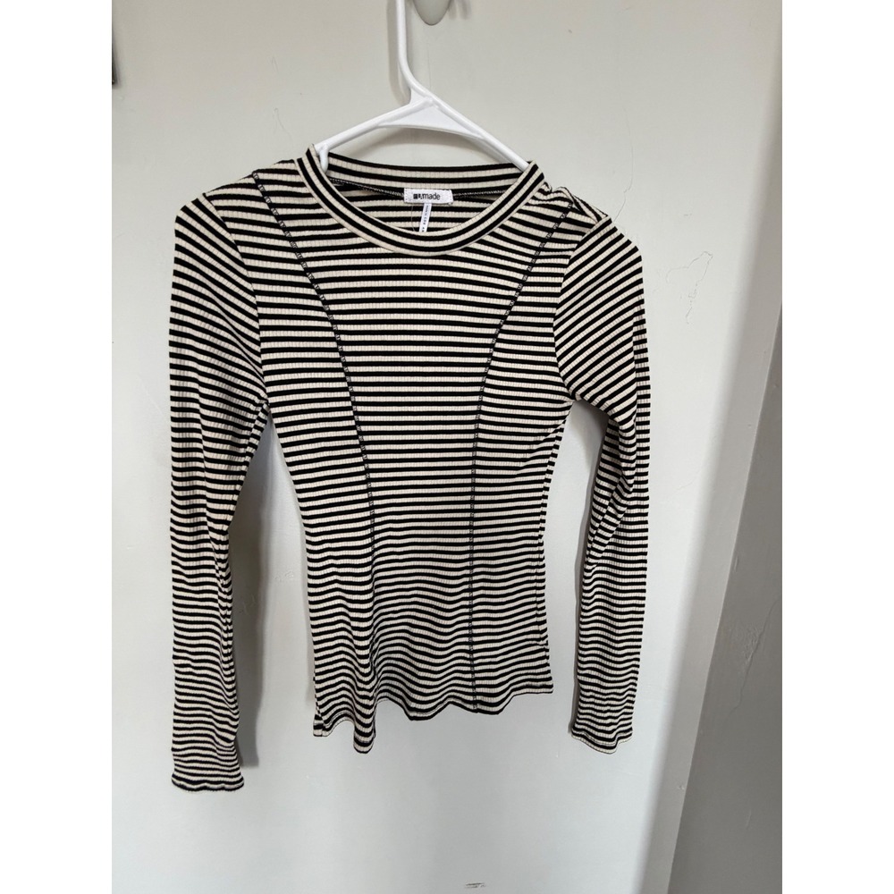 US Made Womens XS Black‎ White Striped Ribbed Long Sleeve Top Exposed Seams LA
